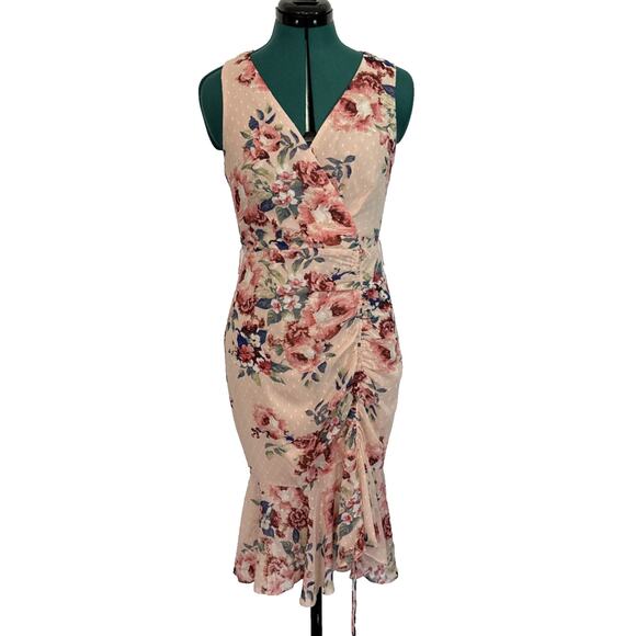 Eliza J Sleeveless Floral Ruched Chiffon Faux Wrap Dress in Blush Size 4 NO BELT - Picture 1 of 8